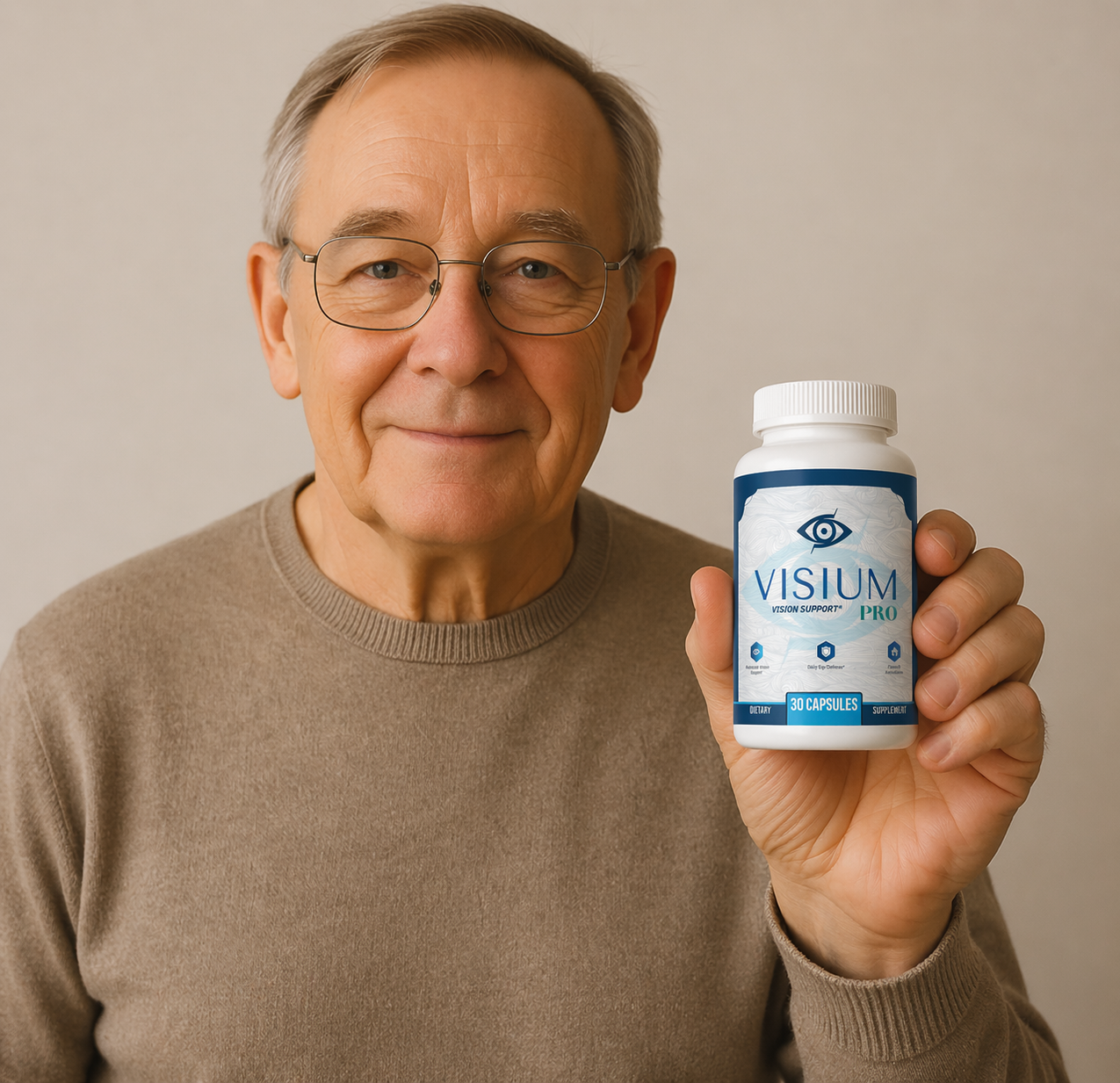 Homem com suplemento Visium em estúdio